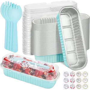 100Pack 6.8Oz Disposable Mini Loaf Cake Pans, Aluminum Foil Pans with Lids Spoons Stickers, Individual Dessert Containers for Sales Party Picnics Sky Blue