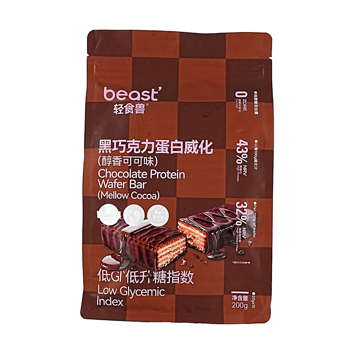 Qingshishou Black Chocolate Protein Wafer Bar - Low Calorie Meal Replacement Snack, Rich Cocoa Flavor, 200g Bag (51g Protein)
