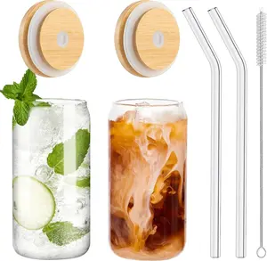2PCS Set Drinking Glasses with Bamboo Lids and Glass Straw, 16oz Glass Cups with Lids and Straws, Iced Coffee Glasses, Soda, Gift 1 Cleaning Brushes