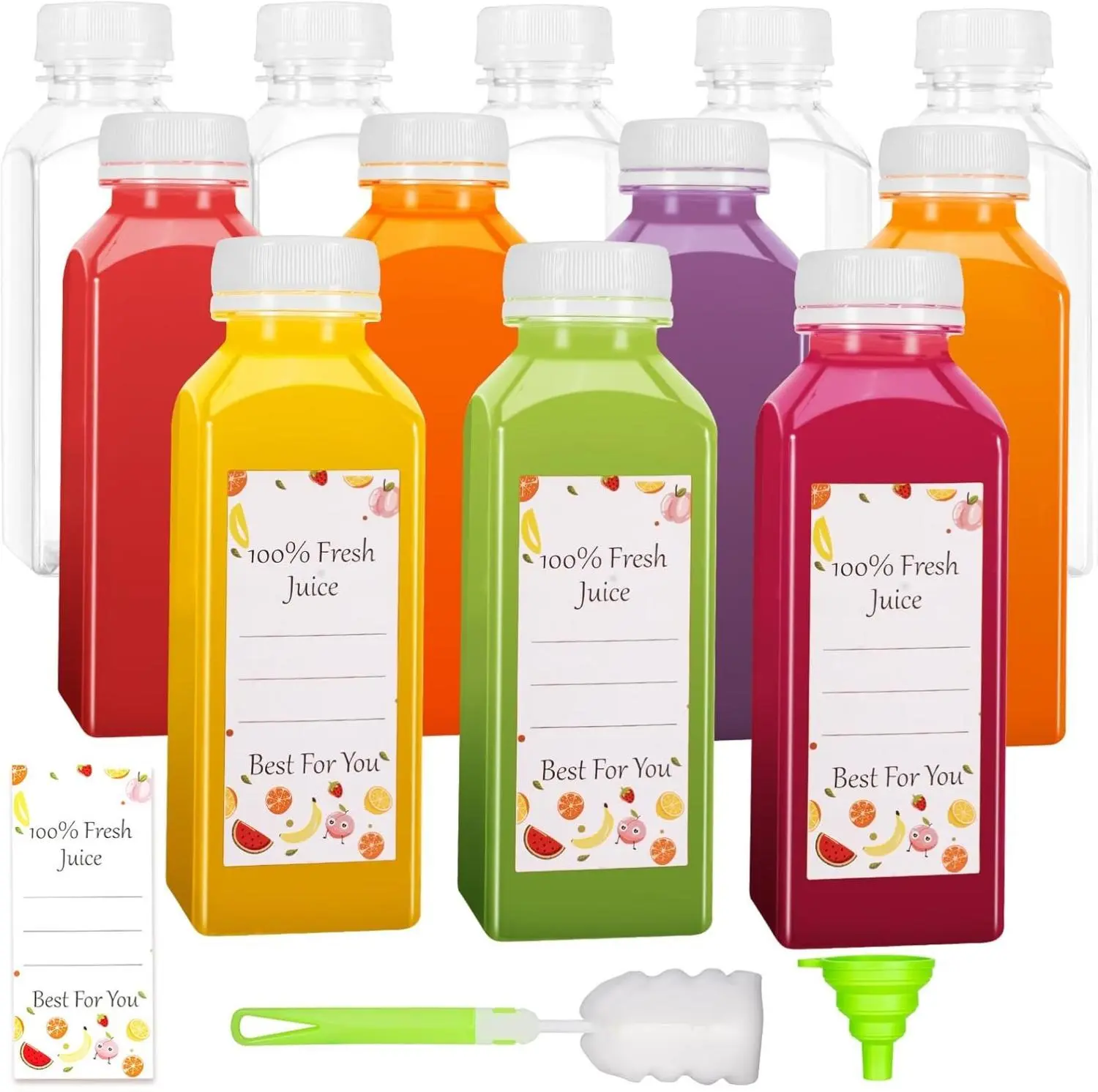 12pcs 12oz Juice Bottles with Caps, Reusable Plastic Bottles for Juicing, Milk, Smoothie, Juice Containers with Lids with 12pcs Labels Organiser Canister