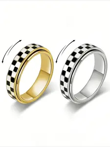 Stainless Steel Checkered Rotating Stress Relief Ring, Fashion Ring, Unisex Casual Daily Wear, Simple Chessboard Design Jewelry, Stackable Rings