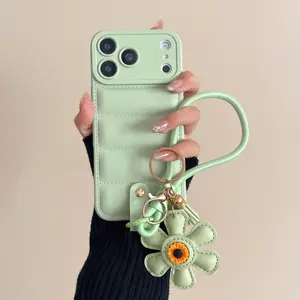 Creative 3-piece down jacket shockproof phone case set with sunflower tassel pendant and adjustable wrist strap, stylish and durable, compatible with iPhone 11, 12, 13, 14, 15, 16, 17 all series models.