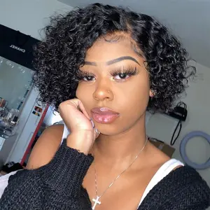 Pixie Cut Wig Human Hair Stylish Curly Short Bob Wig Deep Wave 13x4 Lace Front Glueless Curly Human Hair Wigs for Black Women Natural Look Full Volume Lace Frontal 6 Inch