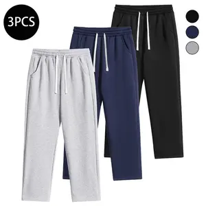 Men's Regular Fit Solid Color Sports Pants with Drawstring Waistband 3-Piece Set for Autumn Winter Casual Pocket Design Long Pants Style Everyday Wear Warm Option Sweatpants Athletic Wear, Men's Sweatpants,summervibes