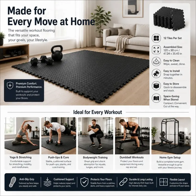 12-piece Interlocking Floor Mats - Thickened Foam Tiles, Non-Slip Gym and Yoga Mat Set, Suitable for Home Gyms, Garages, Studios, Pet Areas, and Sports Floors (DM382)