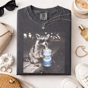 Comfort Colors Vintage Raccoons BuschLight T-Shirt with funny Gen Z dank meme design, trendy animal graphic tee, cotton streetwear gift for men and women alike