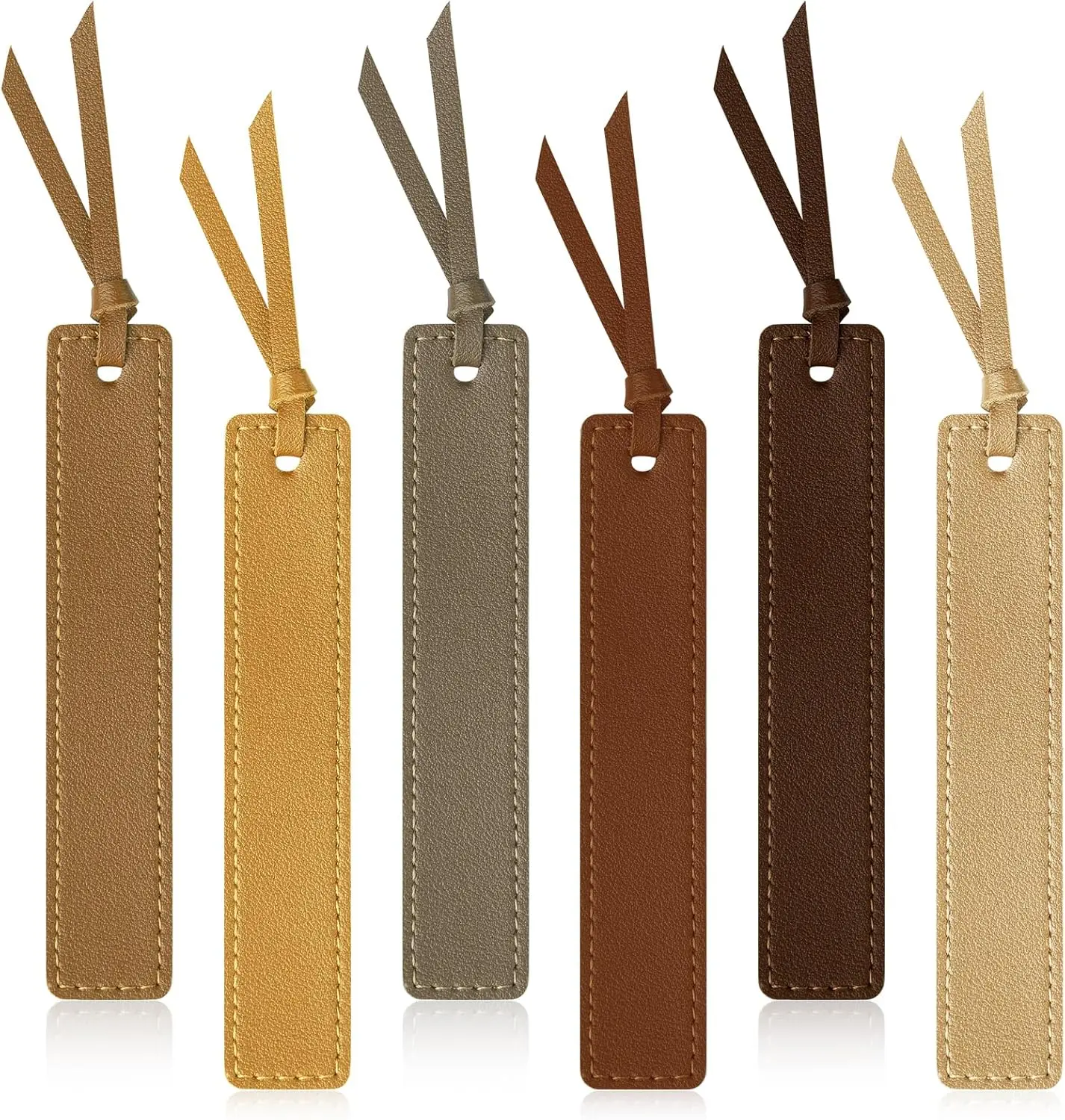 Handmade Stitched PU Leather Bookmarks with Tassel Detail (6 Pcs, 7.7in L x 0.9in W x 0.05in H) - Thin Retro Style Office Stationery, Personalized Book Club Reading Gifts for Readers, Elastic