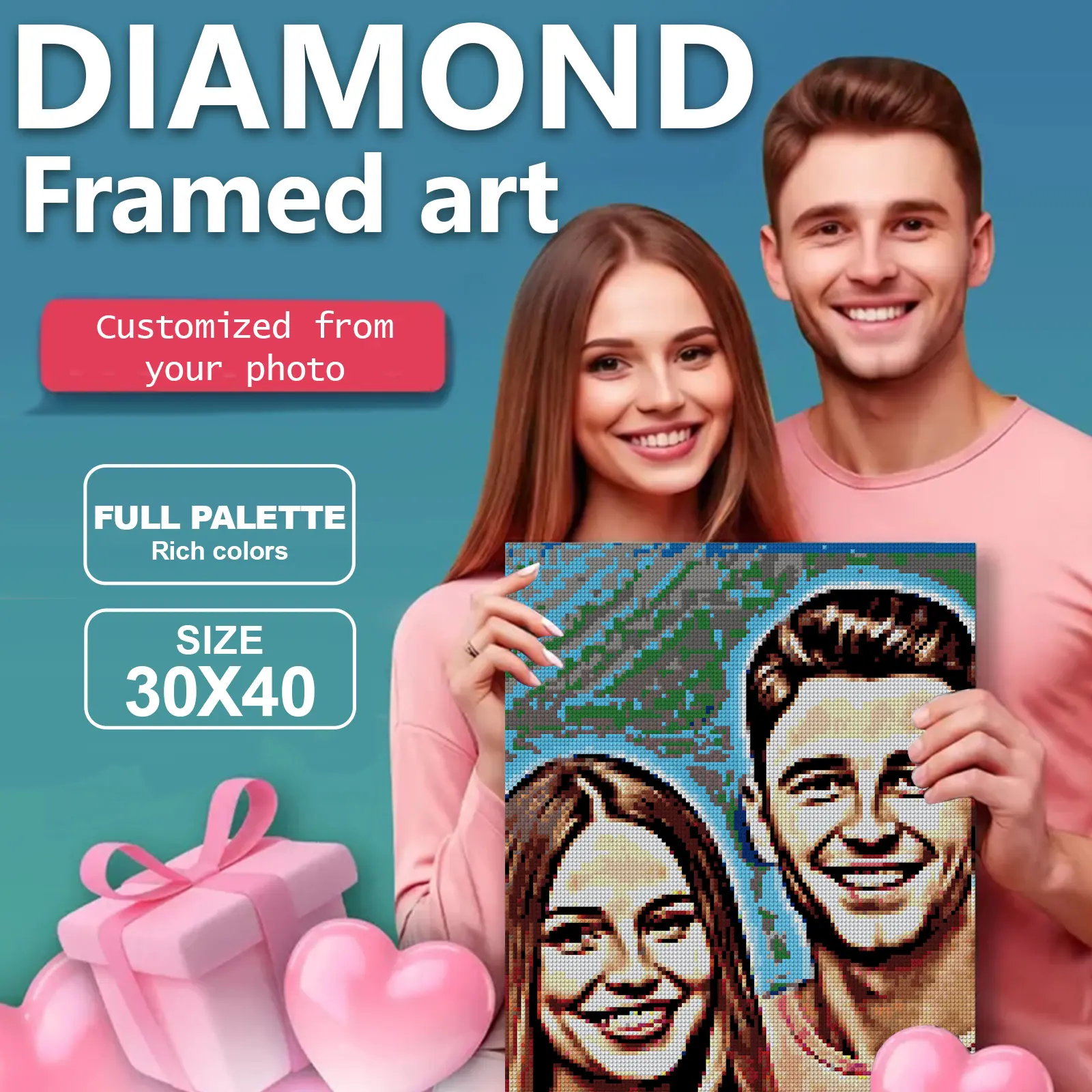 DIY Custom Photo Diamond Painting Kit - Beginner-Friendly Needlework, 30×40cm Square Drills Custom Couple Portrait, Rich-Tone Relaxation Home Decor Gift with Framed Art