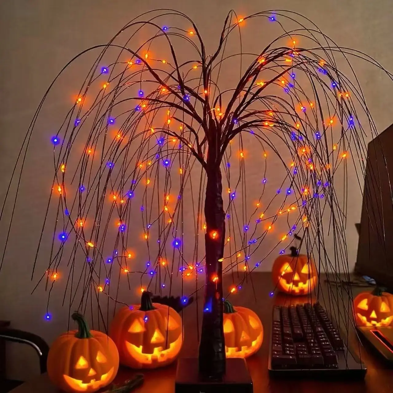 Halloween Willow Tree Lights , Purple and Orange LED Lights, Spooky Tabletop Decorations, USB/Battery Powered, Great for Haunted Houses and Party Decorations Decorative Props Gothic