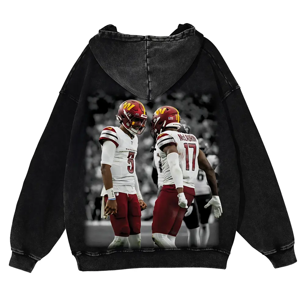 Jayden Daniels #5 & Terry McLaurin #17 Commanders Casual Washed Hoodie | Dynamic QB-WR Duo Gear, HTTC Pride, Retro Washed Playmaker Vibe