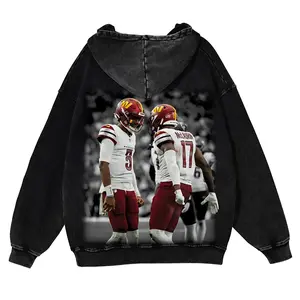 Jayden Daniels #5 & Terry McLaurin #17 Commanders Casual Washed Hoodie | Dynamic QB-WR Duo Gear, HTTC Pride, Retro Washed Playmaker Vibe