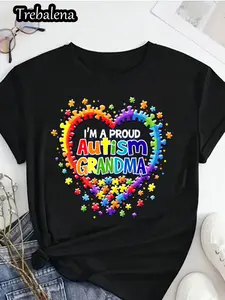 Plus Size - Plus Size Women'S T-Shirt Proud Autism Grandma Puzzle Heart Graphic Tee For Support And Awareness Casual Summer Wear For Women Regular Length, Pullover Design, Fabric Construction 0XL-4XL