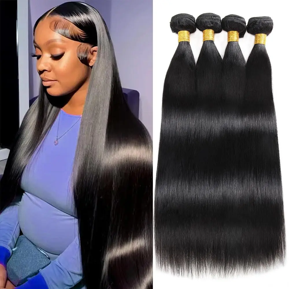 [4Bundles] ISHOW Virgin Human Hair 4 Bundles Sew In Bone Straight Brazilian Human Hair Bundles With Lace Closure 10-30 Inch Straight Human Hair Extension