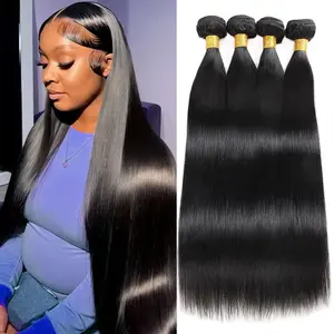 [4Bundles] ISHOW Virgin Human Hair 4 Bundles Sew In Bone Straight Brazilian Human Hair Bundles With Lace Closure 10-30 Inch Straight Human Hair Extension