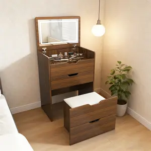 3-in-1 Compact Vanity Desk, Flip Top LED Lighted Makeup Mirror Dressing Table with Cushioned Storage Stool, Modern Walnut Multifunctional Vanity Table, Small Space Cosmetic Dresser Desk for Bedroom, Bathroom, Dressing Room, Apartment & Home Decor
