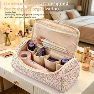 Large Capacity Floral Makeup Bag, Travel Wash Kit, Hair Dryer Storage Bag, Full Open Design, Hook Included, Organized Compartment, Makeup Travel Organizer