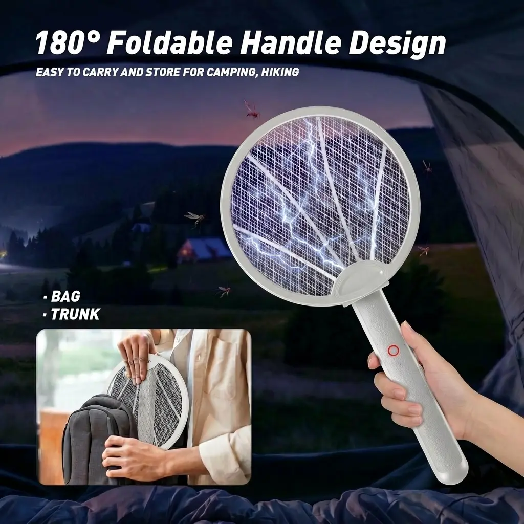 Foldable Electric Fly Swatter Racket 3000V, USB Rechargeable Bug Zapper with Purple Attractant Light, 1200mAh Portable Handheld Mosquito Killer - Kills Mosquitoes, Flies, Gnats, Wasps, Fruit Flies for Indoor Home, Backyard, Patio, Camping
