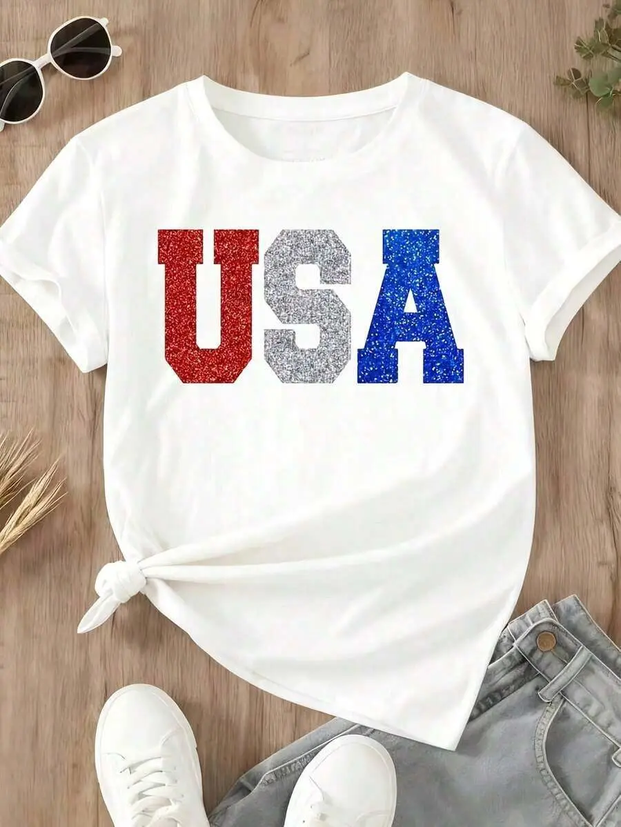 Women's Patriotic USA Flag Graphic Print Short-Sleeve T-Shirt - Soft Elastic Cotton, Casual Loose Fit Round Neck Patriotic Gear Streetwear Top