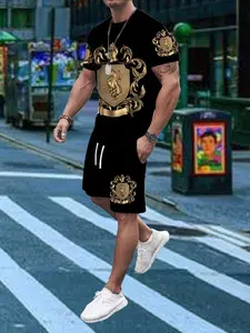 Men's 3D Digital Print Fashion Set Outfit, Casual Short Sleeve Tee and Drawstring Shorts, Breathable Polyester Fiber Clothes, Menswear