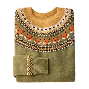 Women’s Fair Isle Fox Halloween Knit Sweater, Vintage Autumn/Winter Fashion, Casual Long-Sleeve Pullover, Crew Neck Design