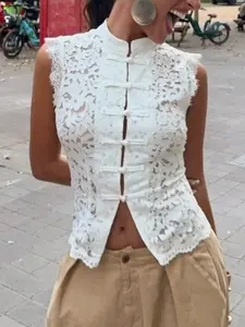 1 Spring Summer White Lace Mandarin Collar Top Women | Frog Button Sleeveless Cropped Blouse | Y2K Coquette Chinese Style for Daily Vacation Date Night Wear