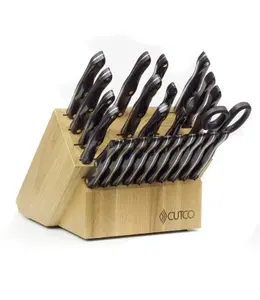 CUTCO Signature Set 32-Piece High Carbon Stainless Steel Knives & Forks with Ergonomic Handles in Classic Dark Brown Wood Block Cutlery Tableware