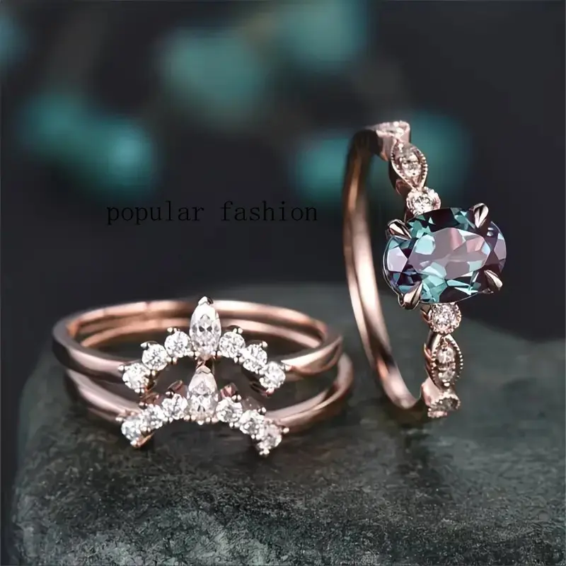 popularWomen's 3-in-1 Stackable Ring Set - Vintage Rose Gold Snowflake Halo Ring with Color-Changing Alexandrite, Marquise-Cut Zircon, Fresh Teal Band, Fashion Jewelry for Daily Wear & Special Events
