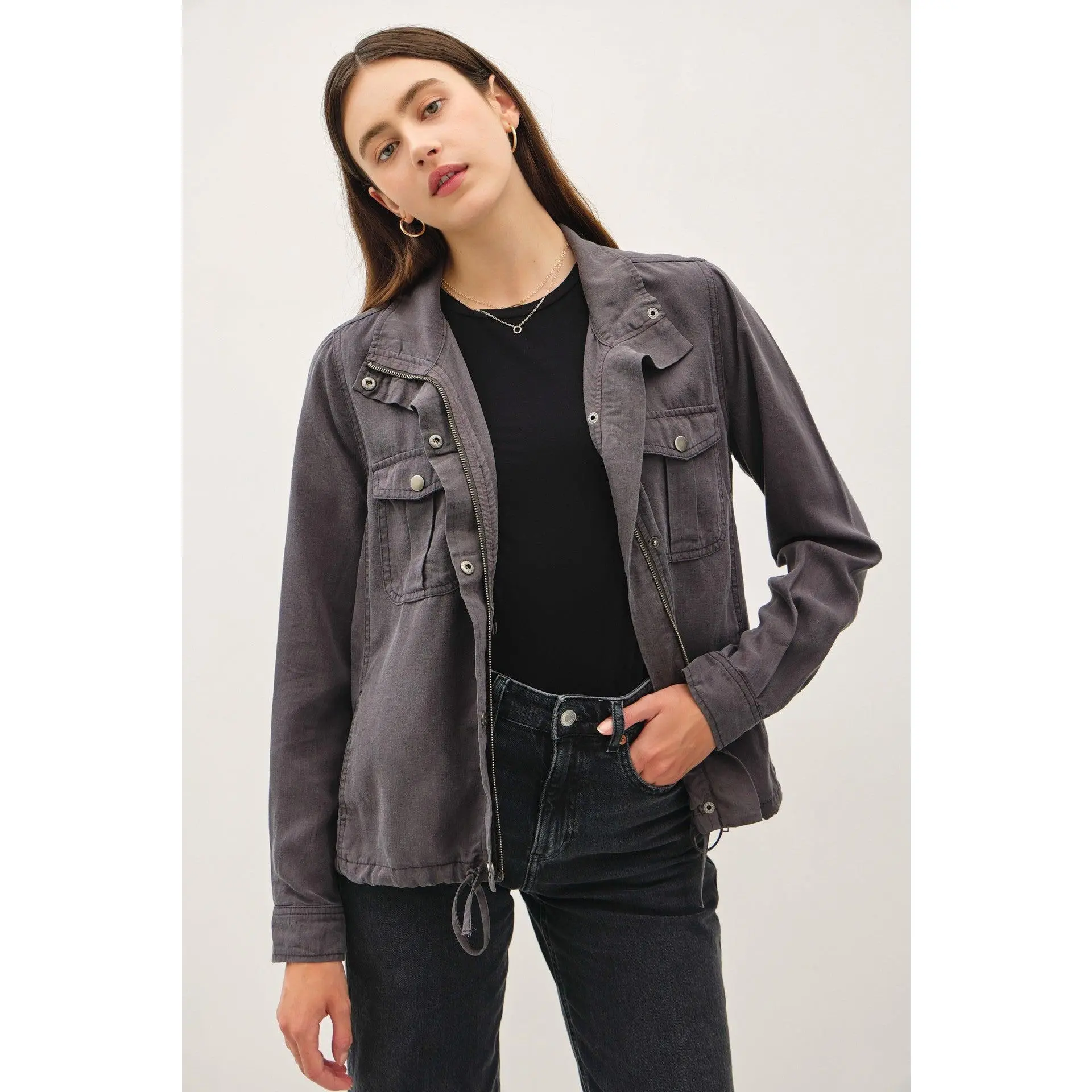 Women's Washed Black Tencel Utility Jacket - Stylish, Adjustable Drawstring Design, Functional Pocket, Suitable for Evening Wear, Coats, Every Day, Snap Buttons, Work, Zip