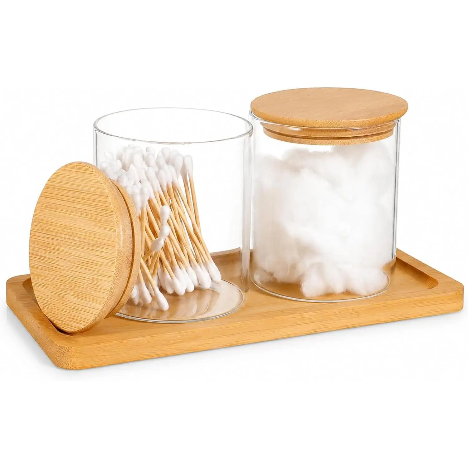 Glass Qtip Holder with Vanity Tray, Bathroom Tray Organizer Glass Qtip Holder, Cotton Round-Holder Glass-Apothecary Jars with Lids for Cotton Ball Round Swab Pad Hair Ties Floss Perfume Jewelry