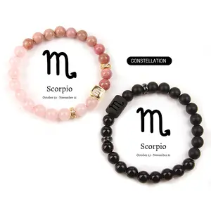 Constellation Design Couple Bracelets Crystal Bead Rose Quartz Rhodonite Black Obsidian Black Onyx Handmade Beaded Zodiac Bracelet Jewelry Gifts for Women Men
