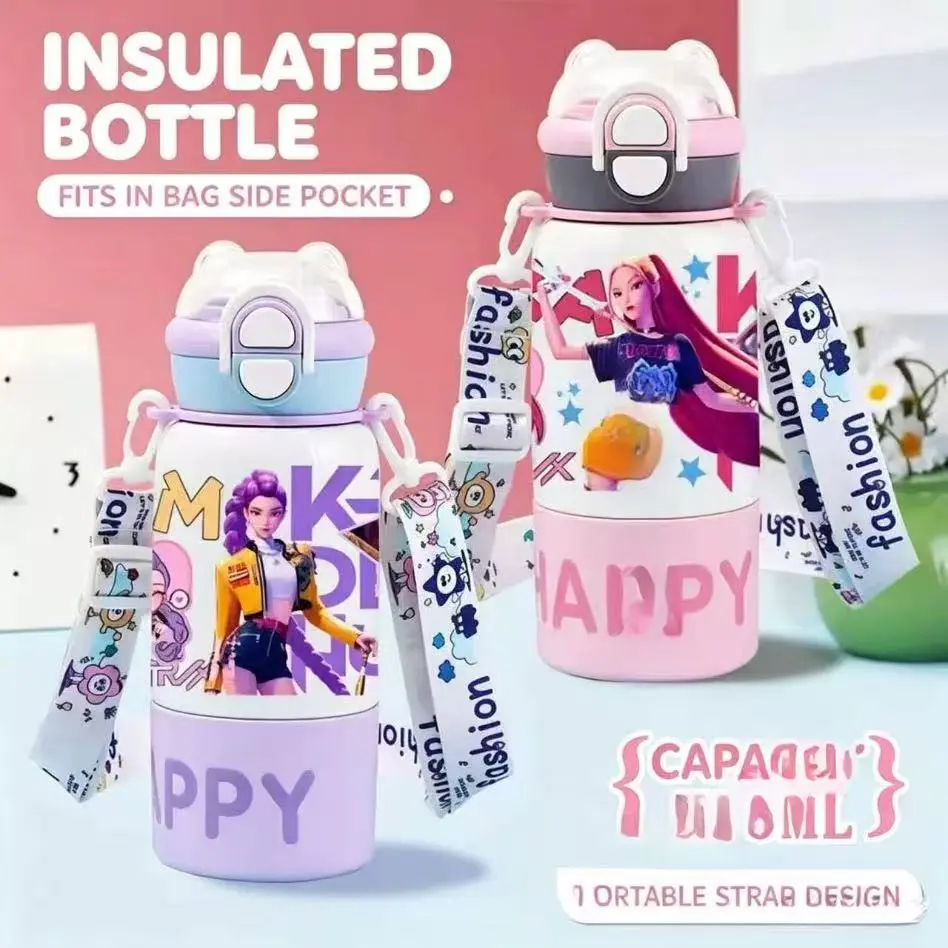 K-pop style stainless steel insulated tumbler with handle and straw—stylish design featuring dual drinking spouts and a cute cartoon motif.