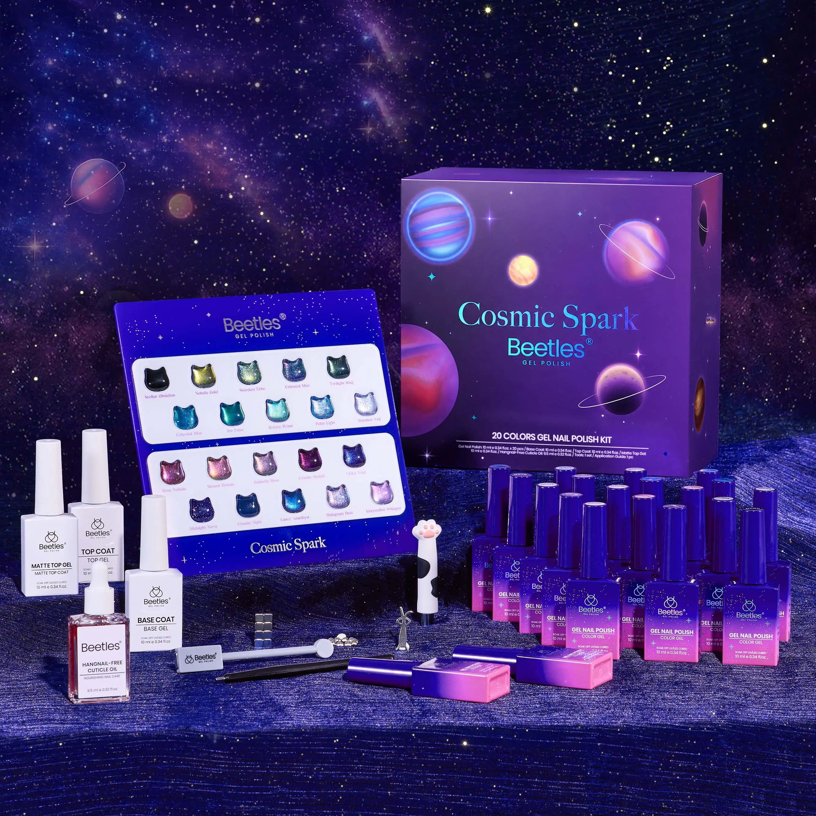 [Exclusive to TikTok-LIVE ONLY] Beetles Cosmic Spark Gel Nail Polish Set, 20 Colors 10ml Galaxy Magnetic Cat Eye Glitter Gel Polish Kit, with Base Coat, Glossy & Matte Top Coat,  Magnet Tools, Nail Art DIY Home Salon Manicure Gift Set for Women Girls