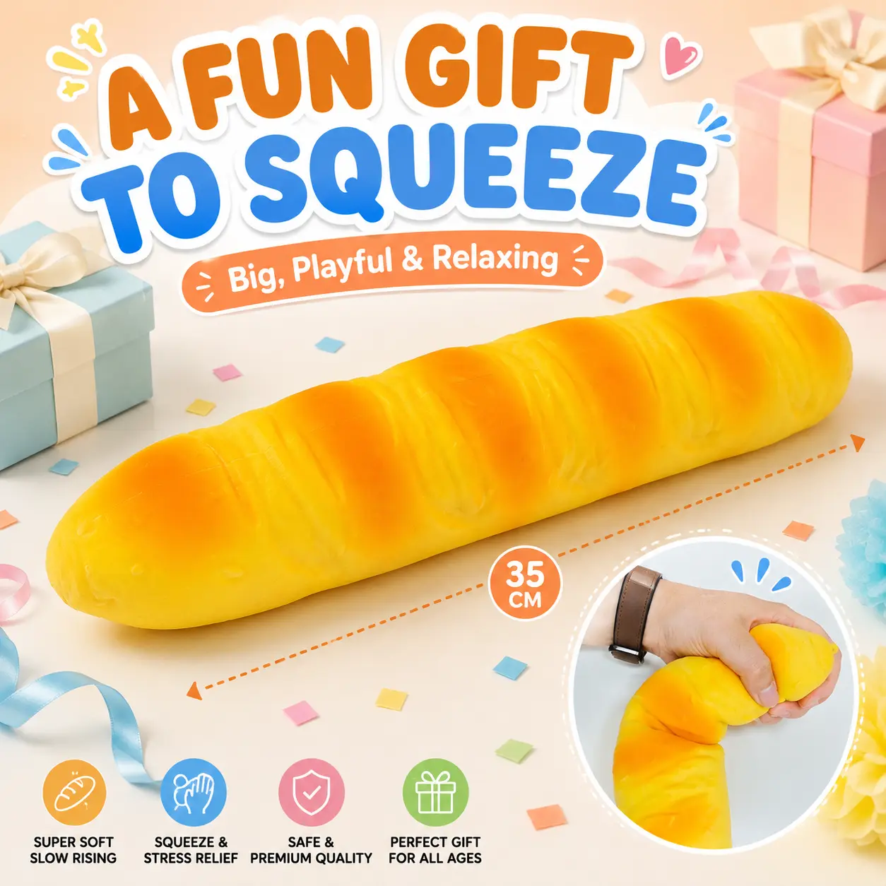 35cm Jumbo Squishy Baguette Squishies Toys - Giant Realistic Bread Squeeze Item with Shaving Cream Filling, Soft TPR Stress Relief Sensory Fidget Tool for Kids