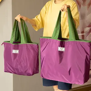 Nylon supermarket shopping bag, reusable eco-friendly bag, large-capacity foldable storage tote bag, adjustable shoulder strap, leak-proof design, compact storage, daily use, multi-color optional