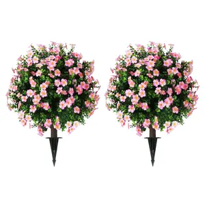 SUNNYGLADE Set of 2 Artificial Boxwood Topiary Ball Trees with Pink Flowers 25.5 Inch Ground Spike UV Resistant Polyethylene Decorative Ornaments for Indoor Outdoor Garden Porch Patio - Plastic Plants - Fruit