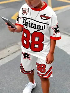 Boys' Chicago 88 Star Print Two-Piece Sports Set, Blue T-Shirt + Shorts, Casual Loose-Fit, All Seasons, No Collar, No Zipper, No Button, Suits, Sports Jersey Top
