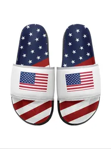 Men's Random American Flag Print Slides, Casual Comfortable Durable Slides for Summer, Lightweight Breathable Slides for Beach & Streetwear, Footwear, Open Toe Slippers