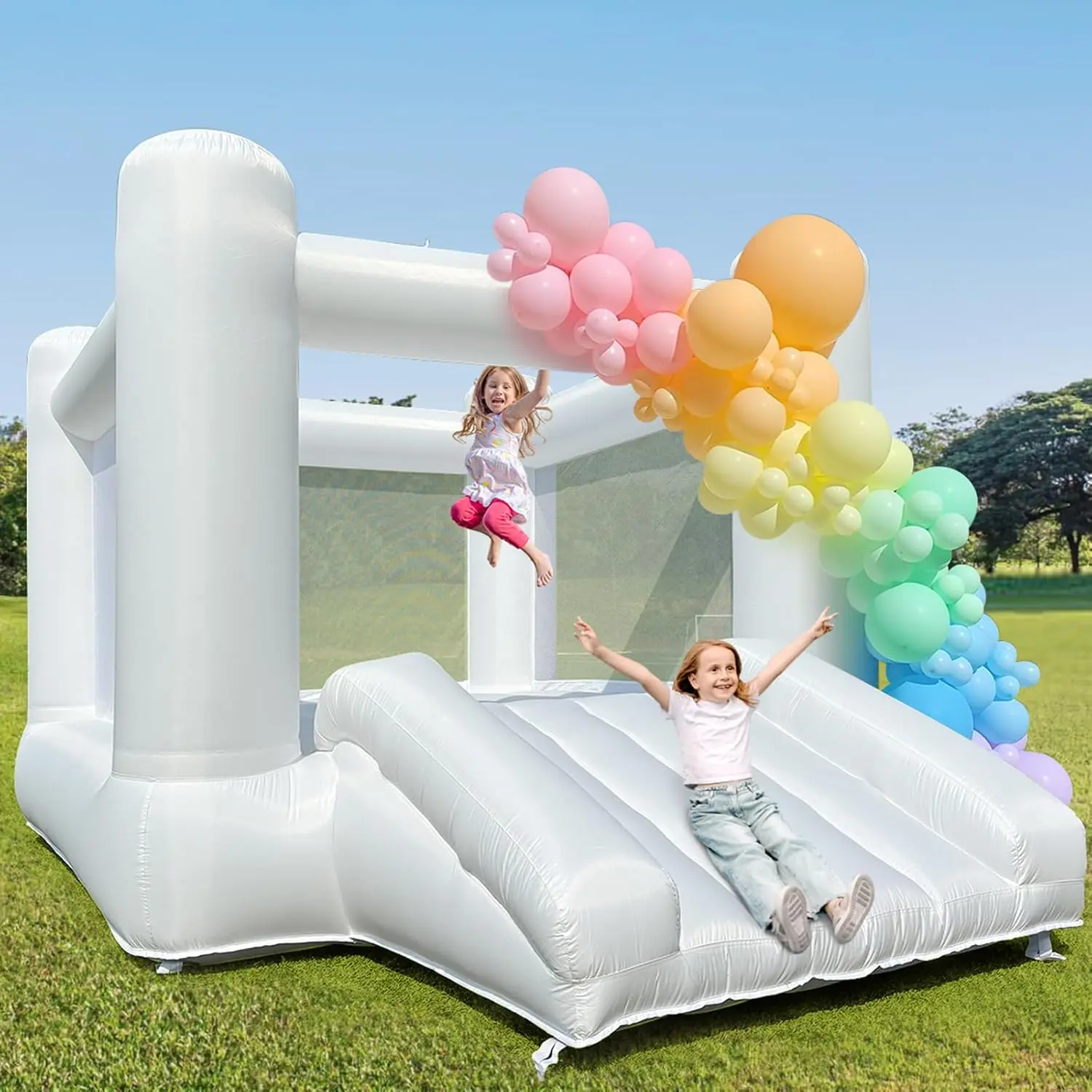 Vancen White Stair Slide Inflatable Bouncer Playground Equipment, Portable Oxford Cloth Sports Unisex Playhouse with Air Blower, Anchor Stakes, Repair Kits (133.86x96.46x74.02in) for 10-12 Year-Olds Indoor/Outdoor Use