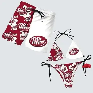 Dr Pepper Floral Couples Swimsuit Set, Women Tie Side Thong Bikini & Men Beach Shorts, Matching Hawaiian Summer Vacation Beachwear Outfit