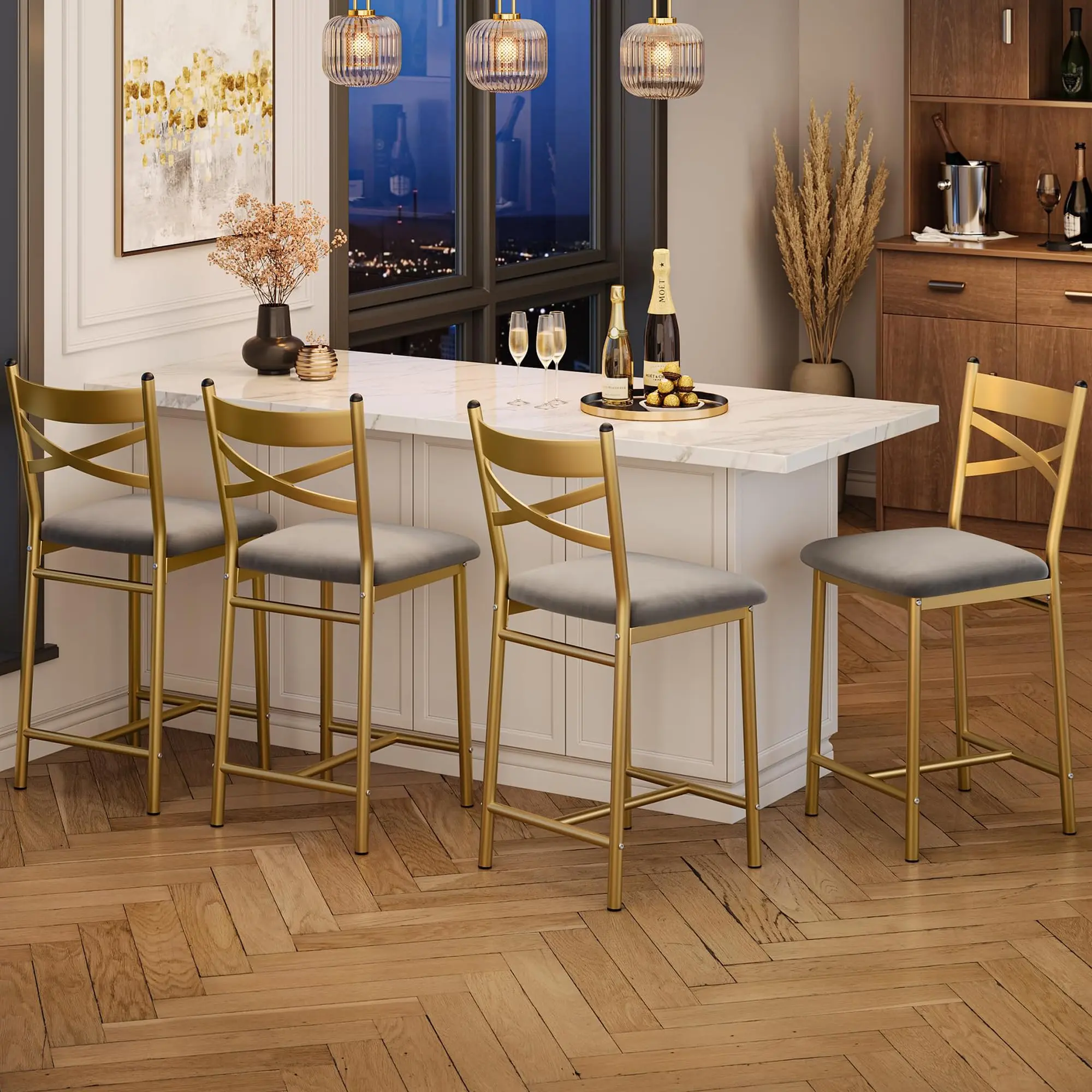 Metal Dining Chairs Set of 4,Counter Height Bar Stools and Thick Cushion PU Leather Restaurant Dining Room Chairs with Waterproof Surface,Gold