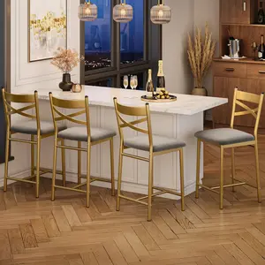 Metal Dining Chairs Set of 4,Counter Height Bar Stools and Thick Cushion PU Leather Restaurant Dining Room Chairs with Waterproof Surface,Gold