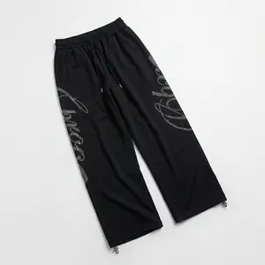 Women’s Baggy Wide-Leg Sweatpants Comfortable Drawstring Parachute Joggers with Adjustable Hem Y2K Rhinestone Graphic Casual Lounge Streetwear