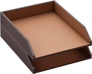 Leather Letter Tray,  Stackable Desk Organizer Holder for Office Supplies, Paper, File, Magazine,  Office Organization for Desktop (Brown-2Tiers)