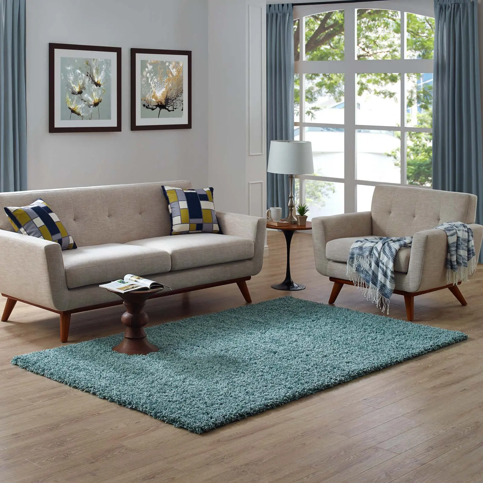 Modway Enyssa Solid 5x8 Shag Area Rug - Aqua Blue & Ivory, Decorative Fluffy Modern Shaggy Soft Fuzzy Area Rug for Home Living Spaces, Decorative Area Rug, Fluffy Modern Rug