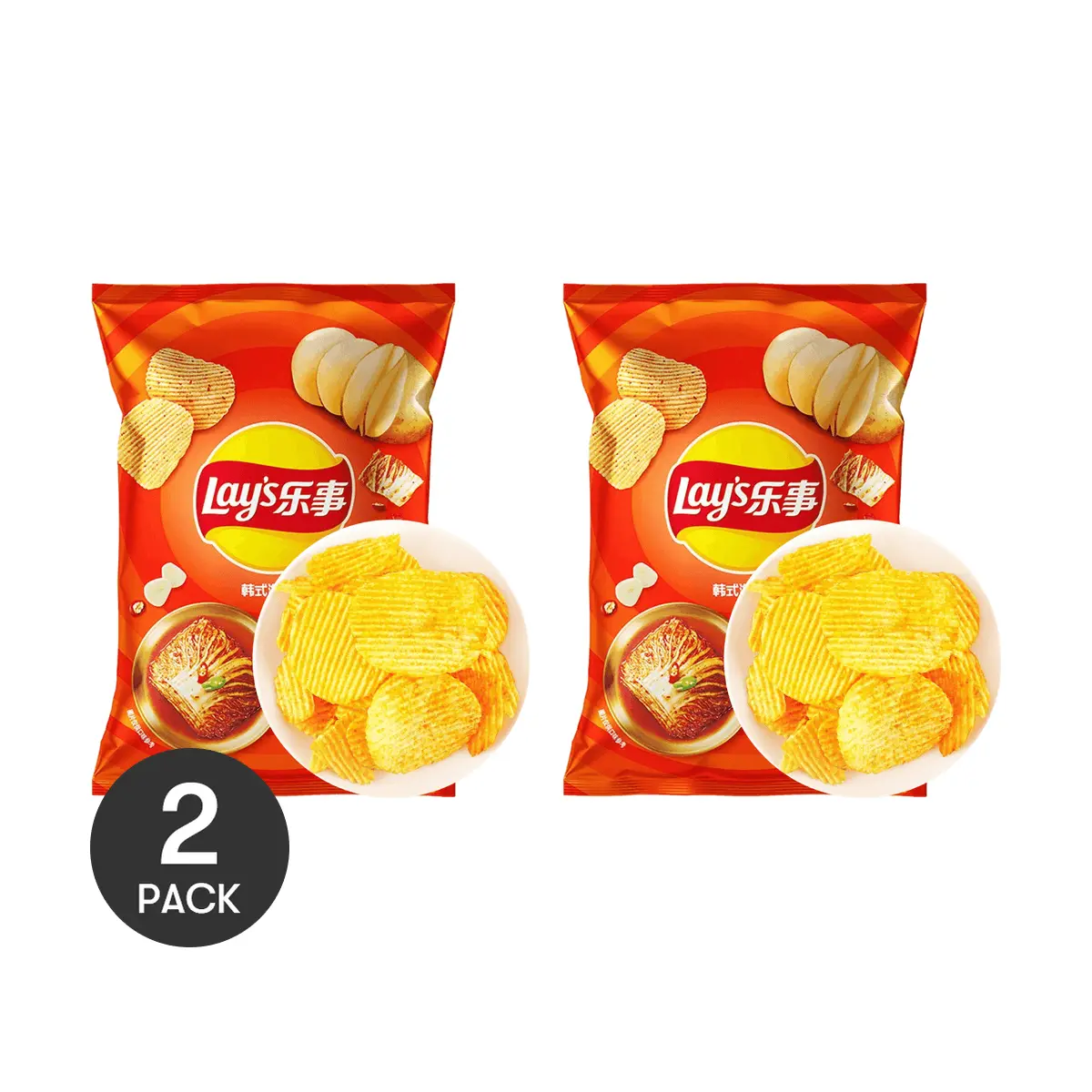 2 Pack LAY'S Korean Kimchi Potato Chips 2.46 oz Each - Korean Snack, Sweet & Spicy, Crispy Flavor