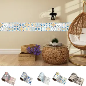 1 Roll Fresh Blue & Yellow Moroccan Style Self-Adhesive Vinyl Wall Trim Sticker, Bohemian Vacation Style Wall Decal, No Extra Glue or Tools Required, Peel and Stick Directly, Ideal for Wall Border Decoration in Living Room, Bedroom, Kitchen, Bathroom, Bal