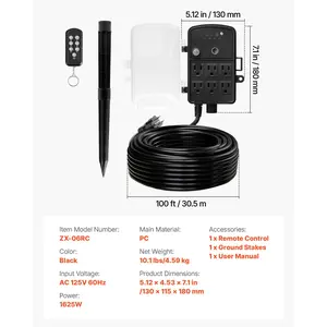 Summervibes VEVOR Outdoor Power Stake, 100FT Extension Cord, Outdoor Power Strip Weatherproof with Cover, Remote Control Dusk to Dawn Light Timer Waterproof, 6 Outlets, 1625W/13A, for Christmas Lights, Garden