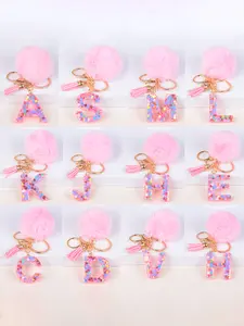 Women's Faux Fur Letter Fuzzy Keychain A-Z Initials Metal Crystal Drip Glitter Stone Gold Foil Capital Charm Bag Purse Gift Pendant