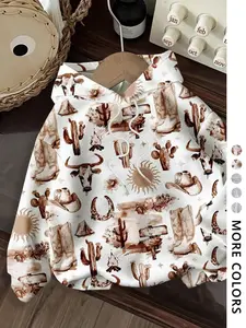 Vintage Western Cowboy Pattern Hoodie, Back-To-School Graphic Print, Fitted Casual Style, Fall & Winter Wear, Women's Fashion