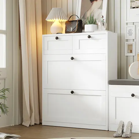 VOWNER White Shoe Cabinet with 2 Flip Drawers,Shoe Racks Storage Cabinet with 2 Drawers for Entryway Organizer FathersDayGift